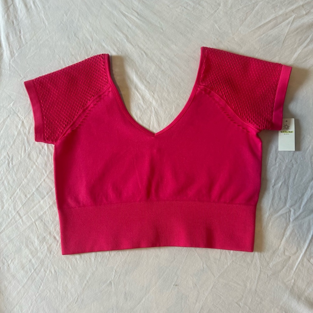 aerie Hot Pink Athletic V-Neck Cropped Tee